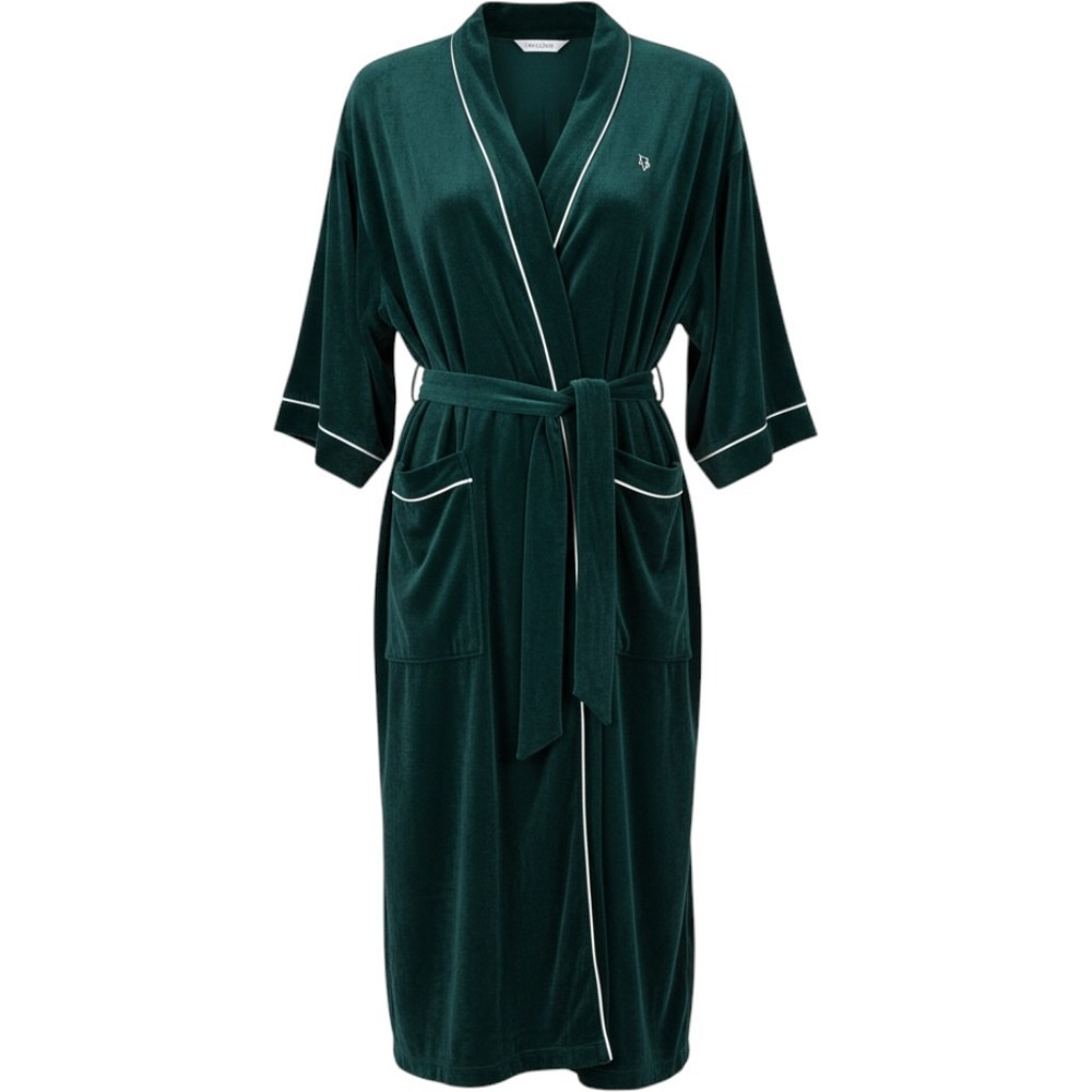 Christian Dior Monsieur Vintage Velvet Robe Teal Green White Piping One Size USA